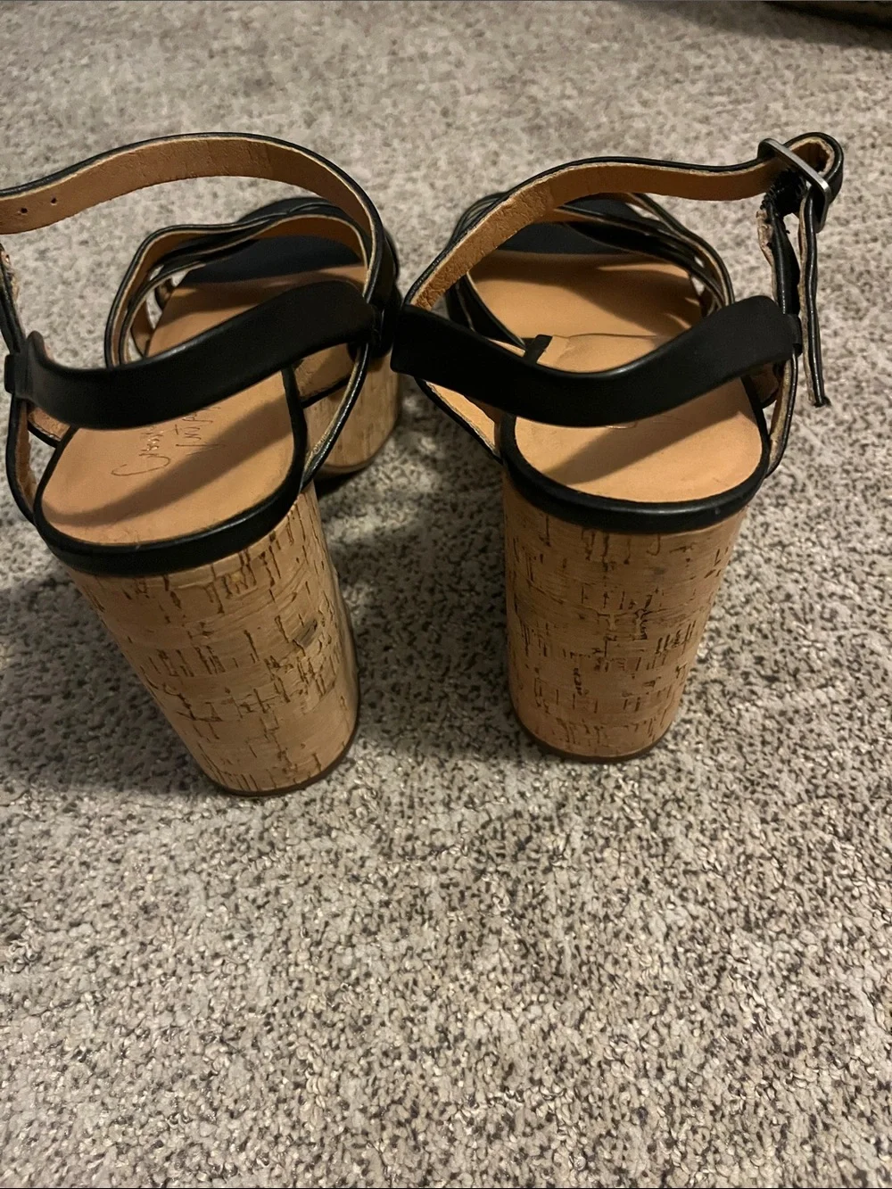 Crown Vintage Black Leather Cork Platform Wedge Strappy Sandals